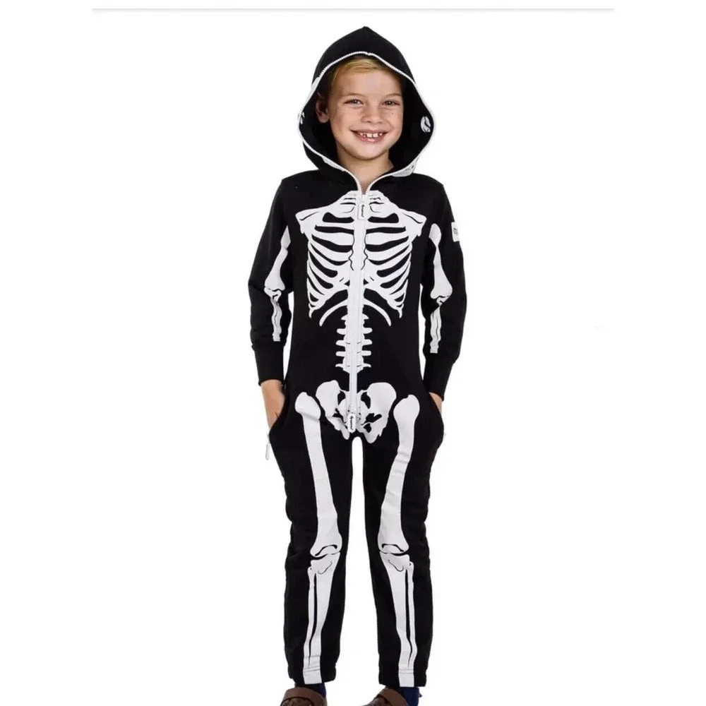 TIPSY ELVES ONE PIECE ZIP UP MASK SKELETON JUMPSUIT Youth Size Large 10-11 - NEW